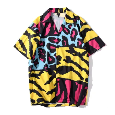 Men Fashion Casual Retro Digital Printed Lapel Short-Sleeve Thin Loose Shirt