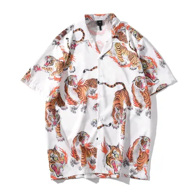 Men Fashion Casual Retro Digital Printed Lapel Short-Sleeve Thin Loose Shirt