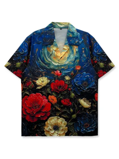 Men Fashion Casual Retro Digital Printed Lapel Short-Sleeve Thin Loose Shirt
