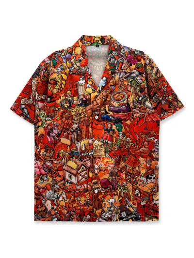 Men Fashion Casual Retro Digital Printed Lapel Short-Sleeve Thin Loose Shirt
