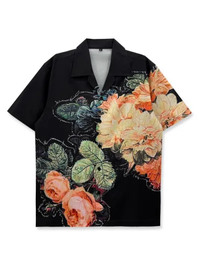 Men Fashion Casual Retro Digital Printed Lapel Short-Sleeve Thin Loose Shirt