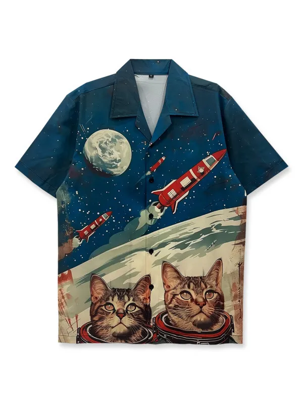 Men Fashion Casual Retro Digital Printed Lapel Short-Sleeve Thin Loose Shirt