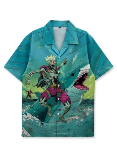 Men Fashion Casual Retro Digital Printed Lapel Short-Sleeve Thin Loose Shirt
