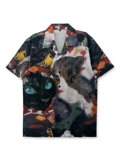 Men Fashion Casual Retro Digital Printed Lapel Short-Sleeve Thin Loose Shirt