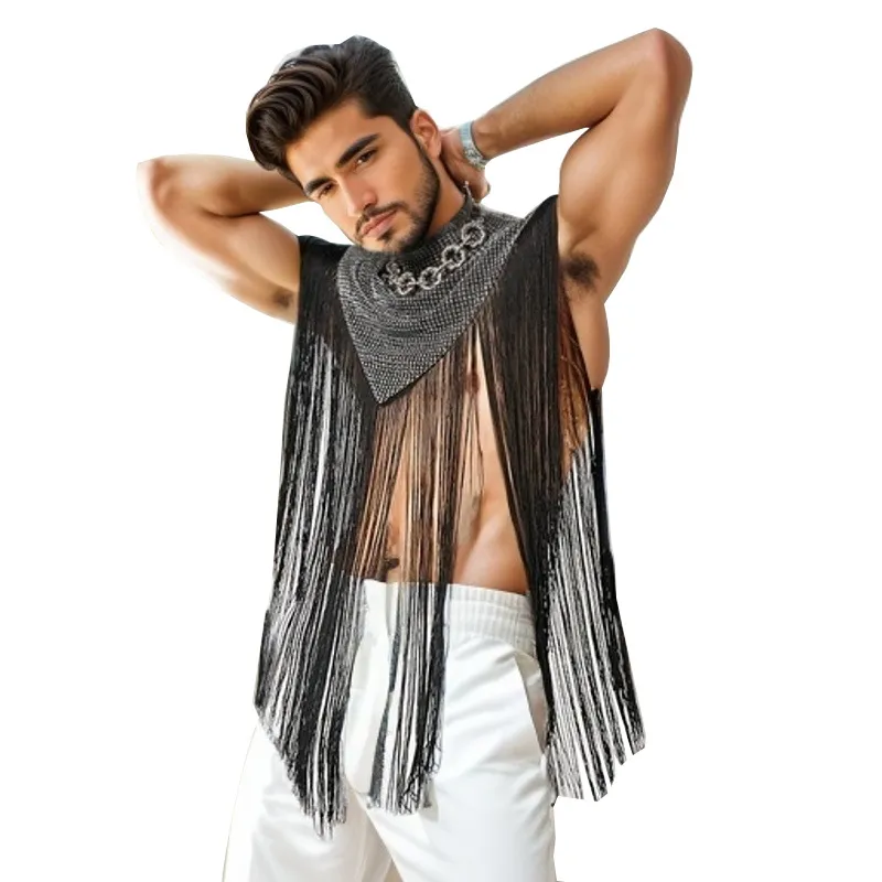 Men Fashion Stitching Sleeveless High Collar Tassel Tops