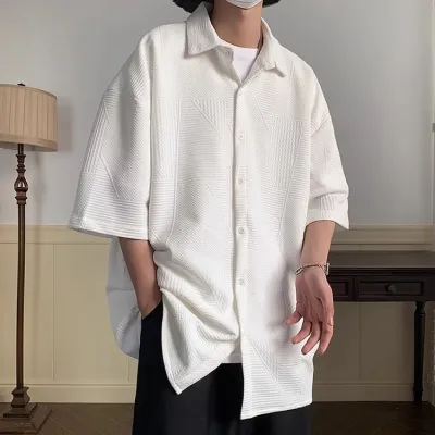 Men Fashion Casual Solid Color Jacquard Lapel Short-Sleeve Loose Shirt
