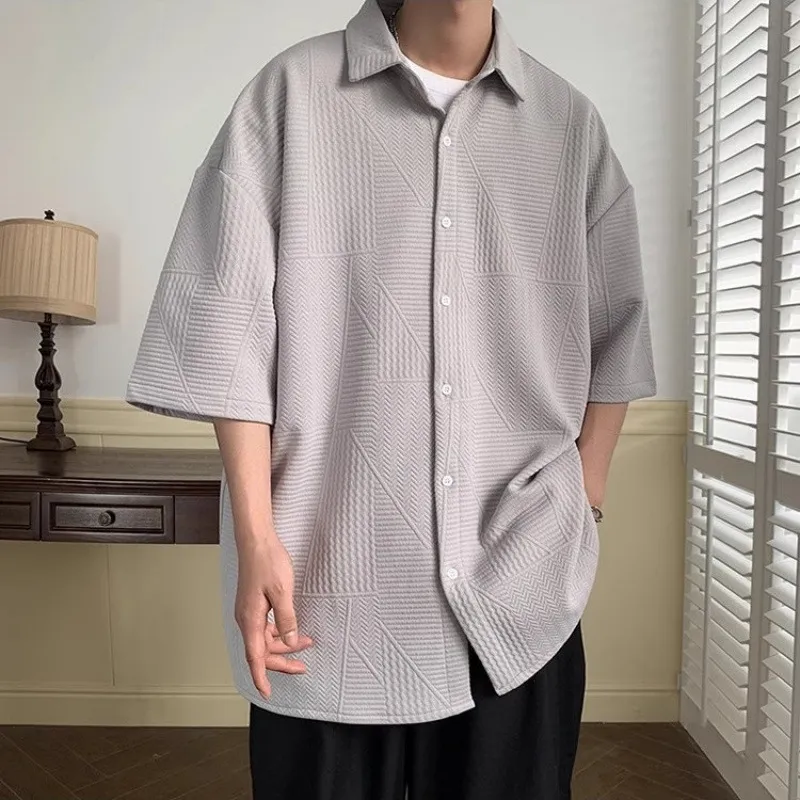 Men Fashion Casual Solid Color Jacquard Lapel Short-Sleeve Loose Shirt