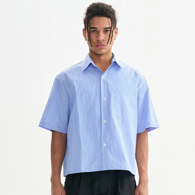 Men'S Fashion Casual Stripe Lapel Short-Sleeve Loose Shirt