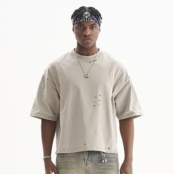 Men Fashion Casual Retro Cotton Solid Color Short Sleeve Loose T-Shirt