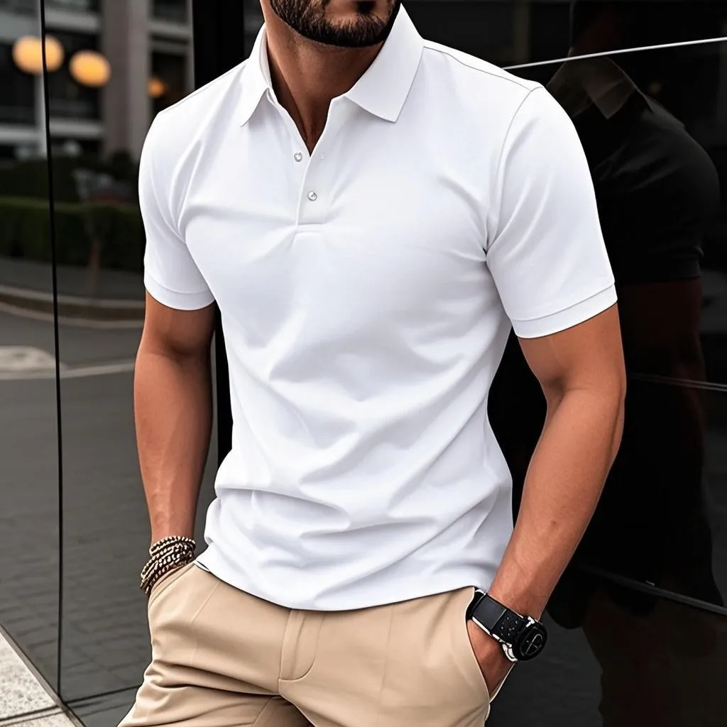 Men'S Fashion Casual Solid Color Button Lapel Short-Sleeve Breathable Polo Shirt