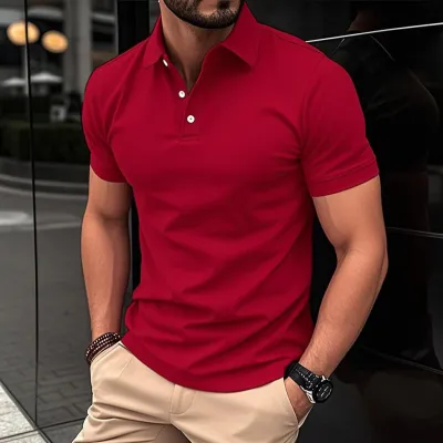 Men'S Fashion Casual Solid Color Button Lapel Short-Sleeve Breathable Polo Shirt