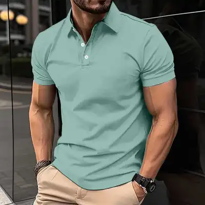 Men'S Fashion Casual Solid Color Button Lapel Short-Sleeve Breathable Polo Shirt