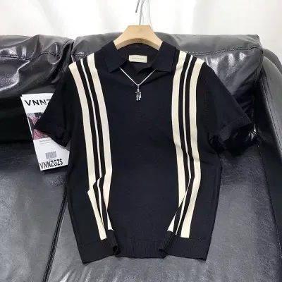 Men'S Fashion Casual Ice Silk Stripe Knitted Lapel Short-Sleeve Polo Shirt