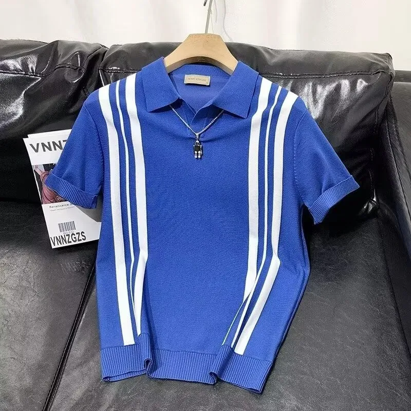 Men'S Fashion Casual Ice Silk Stripe Knitted Lapel Short-Sleeve Polo Shirt