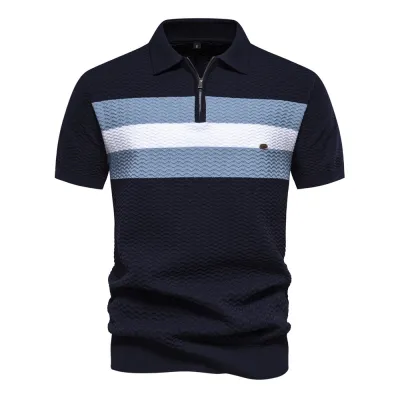 Men'S Fashion Casual Stripe Business Lapel Half Zipper Short Sleeve Polo Shirt