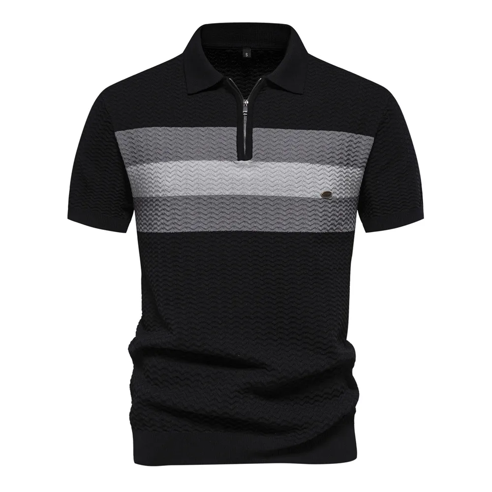 Men'S Fashion Casual Stripe Business Lapel Half Zipper Short Sleeve Polo Shirt