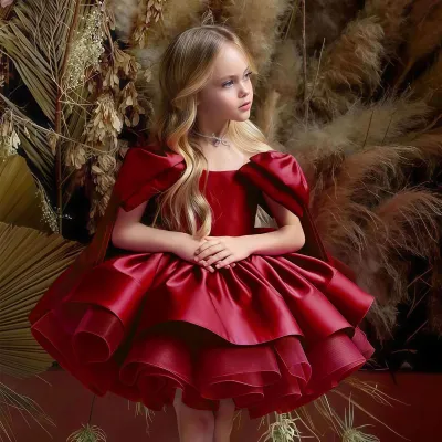 Kids Girls Elegant Solid Color Bowknot Sleeve Mesh Satin Party Dress