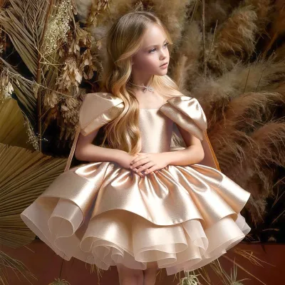Kids Girls Elegant Solid Color Bowknot Sleeve Mesh Satin Party Dress