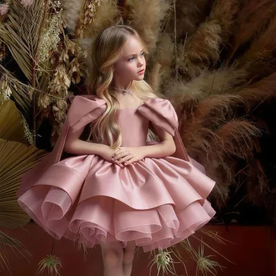 Kids Girls Elegant Solid Color Bowknot Sleeve Mesh Satin Party Dress