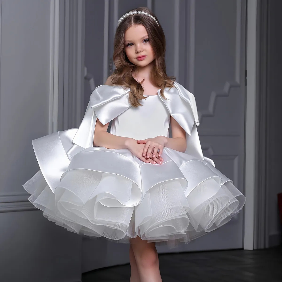 Kids Girls Elegant Solid Color Bowknot Sleeve Mesh Satin Party Dress