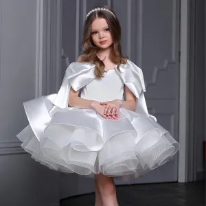 Kids Girls Elegant Solid Color Bowknot Sleeve Mesh Satin Party Dress