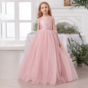 Kids Girl's Fashion Elegant Solid Color Mesh Sequins Sleeveless Bowknot Party Dress
