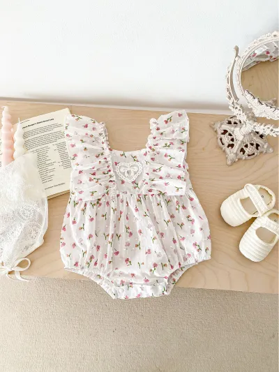 Kids Baby Girl Fashion Cute Flower Printed Flutter Sleeve Cotton Triangle Climb Rompers Light-Weight