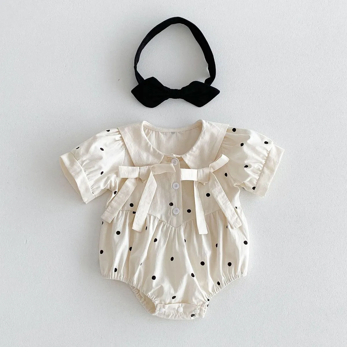 Kids Baby Girls Fashion Cute Dot Print Bowknot Lapel Short Sleeve Rompers Cotton Light-Weight Triangle Climb