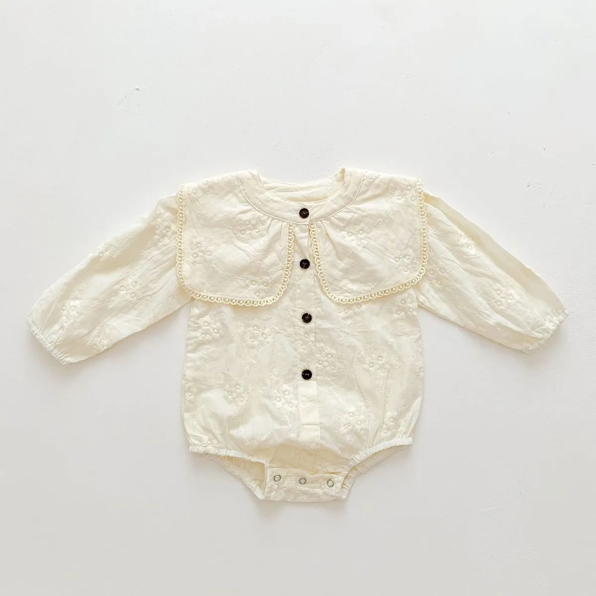 Kids Baby Girls Casual Flower Embroidered Large Lapel Long-Sleeve Rompers Cotton
