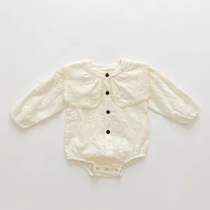 Kids Baby Girls Casual Flower Embroidered Large Lapel Long-Sleeve Rompers Cotton