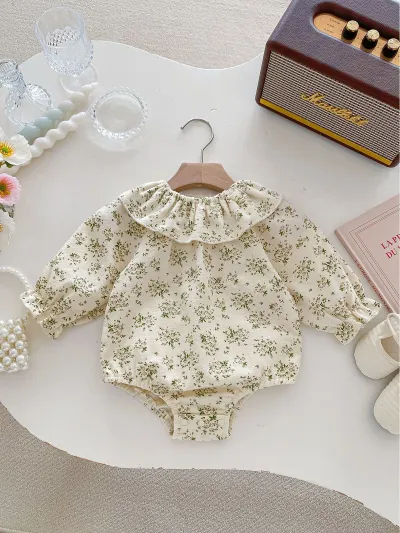 Kids Baby Girl Cute Cotton Flower Printed Lotus Collar Long-Sleeve Rompers