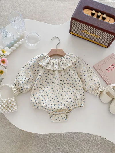 Kids Baby Girl Cute Cotton Flower Printed Lotus Collar Long-Sleeve Rompers