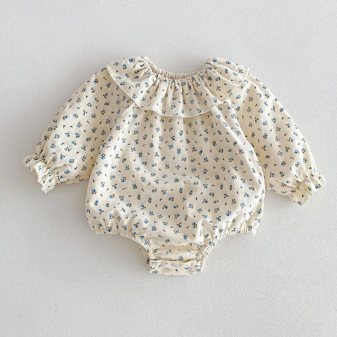 Kids Baby Girl Cute Cotton Flower Printed Lotus Collar Long-Sleeve Rompers