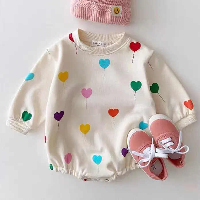 Kids Baby Girls Casual Love Printed Long-Sleeve Rompers 0-3T