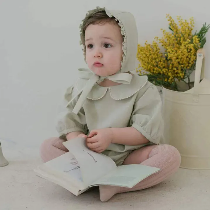Kids Baby Girl Fashion Casual Solid Color Cotton Breathable Lapel Short Sleeve Rompers With Hidden Button