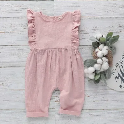 Kids Baby Girls Fashion Casual Solid Color Cotton Linen Sleeveless Rompers Triangle Climb