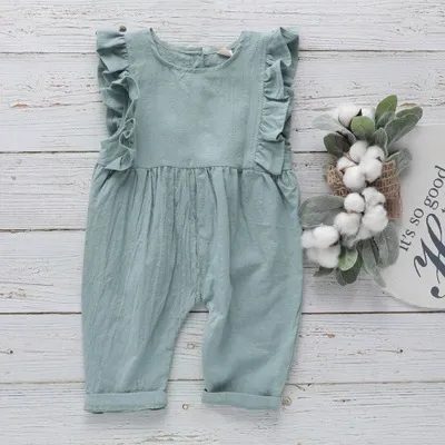 Kids Baby Girls Fashion Casual Solid Color Cotton Linen Sleeveless Rompers Triangle Climb
