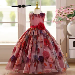 Kids Girls Fashion Elegant Rose Printed Sleeveless Loose Dress