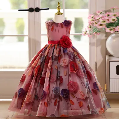 Kids Girls Fashion Elegant Rose Printed Sleeveless Loose Dress
