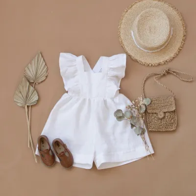 Kids Baby Girls' Fashion Casual Solid Color Cotton Linen Flutter Sleeve Rompers (0-3T)