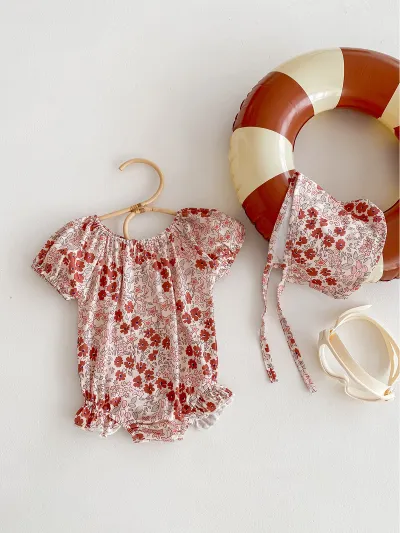Kids Baby Girl Fashion Cute Printed Puff Sleeve Cotton Rompers Short Sleeve Light-Weight Triangle Climb