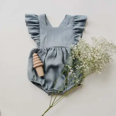 Kids Baby Girls Fashion Casual Solid Color Cotton-Linen Flutter Sleeve Rompers Sleeveless