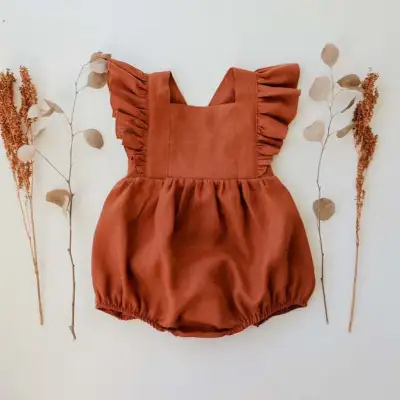 Kids Baby Girls Fashion Casual Solid Color Cotton-Linen Flutter Sleeve Rompers Sleeveless