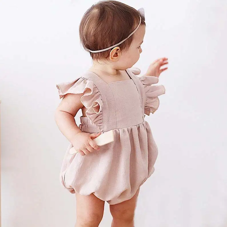 Kids Baby Girls Fashion Casual Solid Color Cotton-Linen Flutter Sleeve Rompers Sleeveless