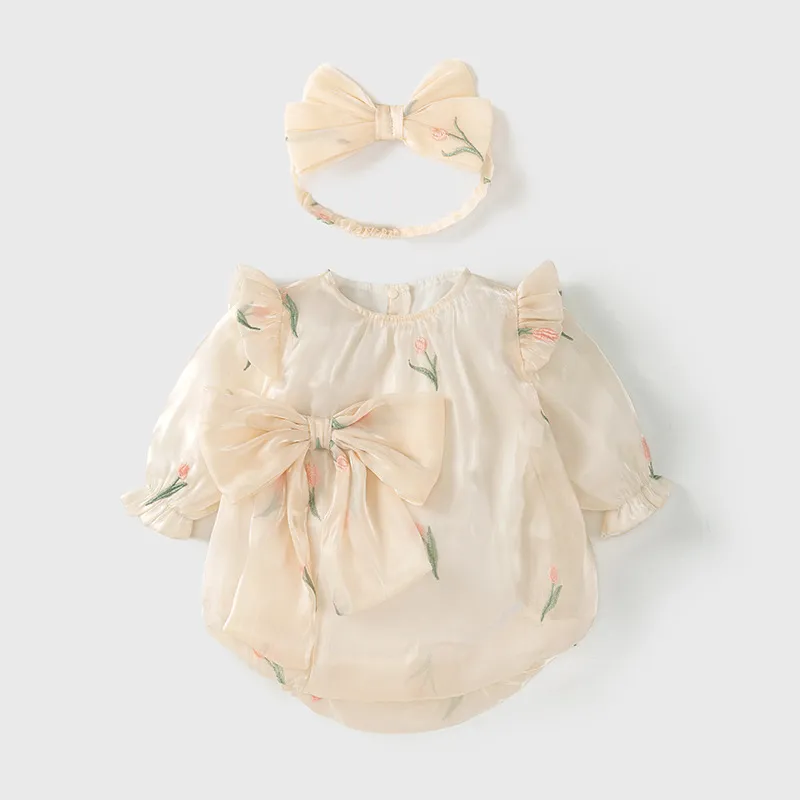Kids Baby Girls Fashion Flower Embroidered Long Sleeve Bowknot Rompers Pullover