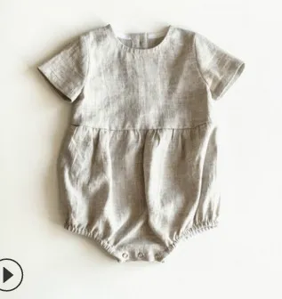 Kids Baby Boys Girls Fashion Solid Linen Short Sleeve Rompers Triangle Climb Light-Weight Cotton