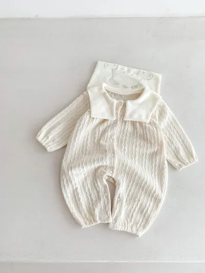 Kids Baby Boys Girls Fashion Cute Bear Head Lapel Long-Sleeve Cotton Rompers Neutral Unisex