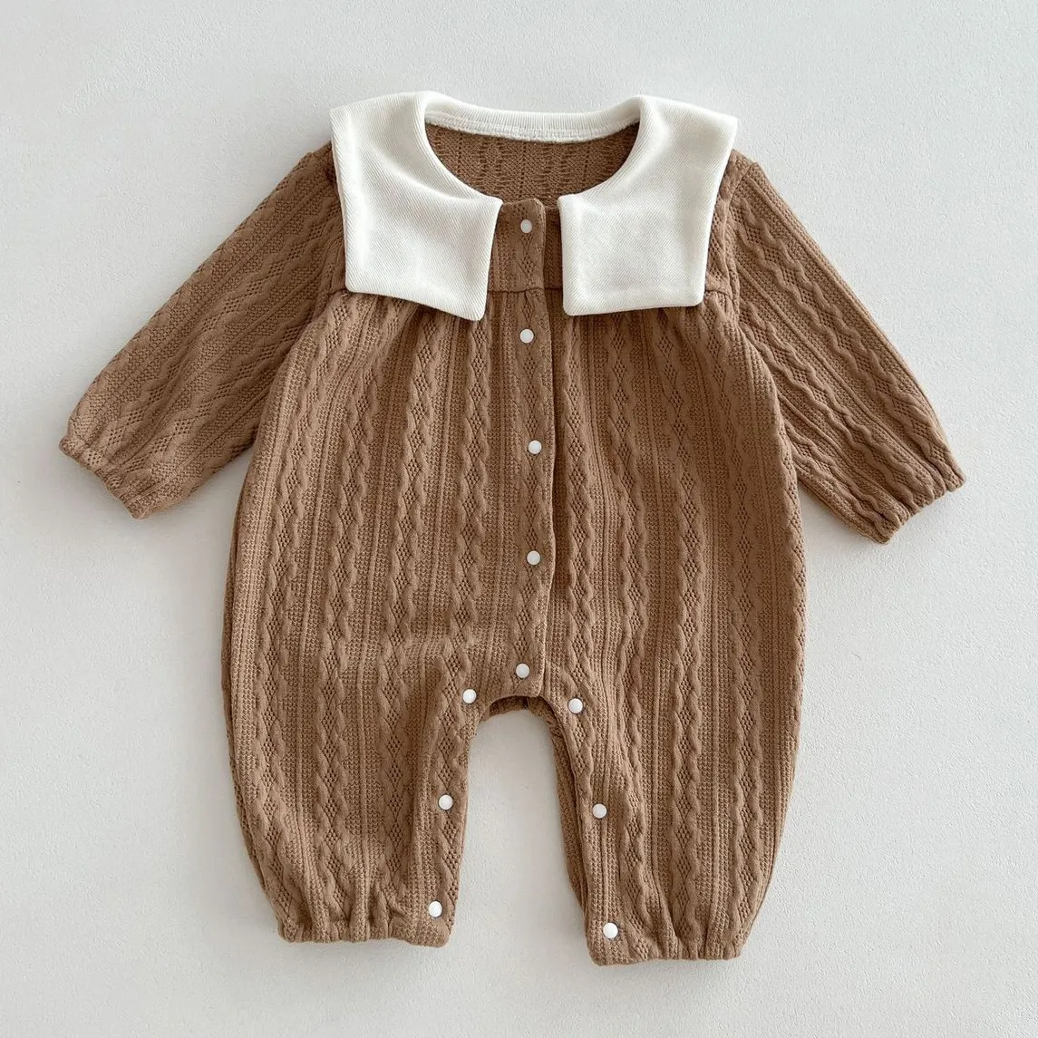 Kids Baby Boys Girls Fashion Cute Bear Head Lapel Long-Sleeve Cotton Rompers Neutral Unisex