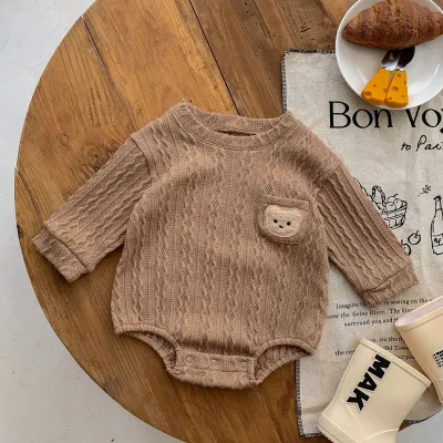 Kids Baby Boys Girls Fashion Cute Bear Head Twist Long-Sleeve Cotton Rompers