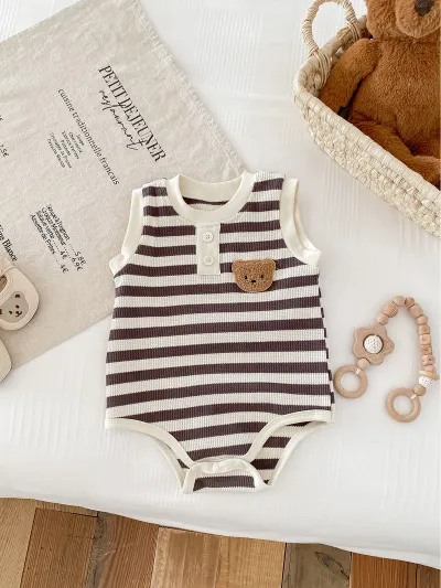 Kids Baby Boys And Girls Fashion Cute Bear Stripe Sleeveless Rompers Cotton Lightweight Unisex
